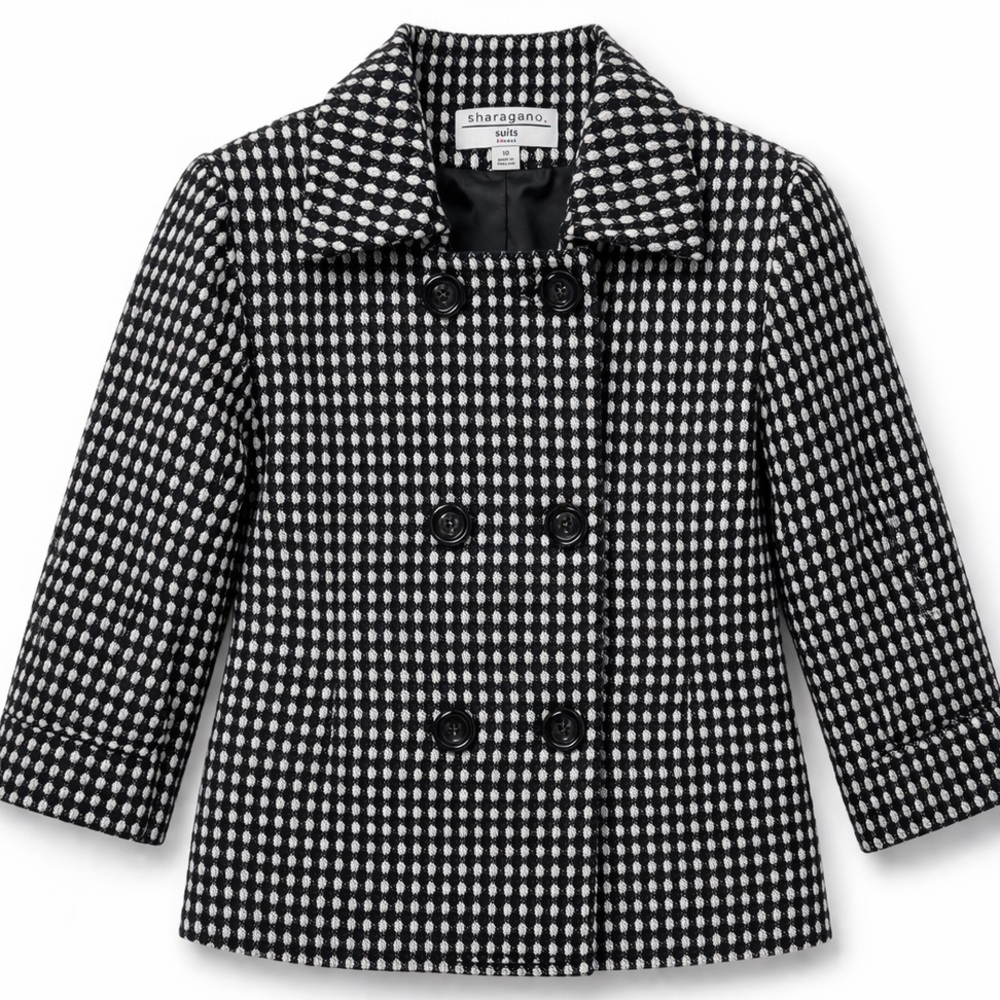 Sharagano Black White Tweed Blazer Double Breasted Wool Blend Jacket Size 10 - Picture 2 of 9